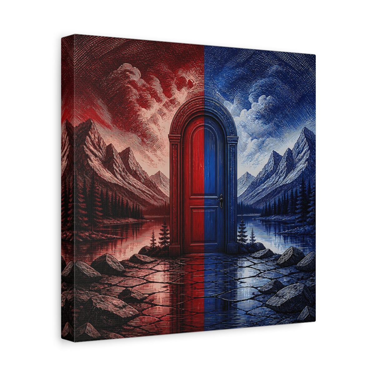 Side Mockup 8. Crimson And Cobalt Doorway shown as canvas print