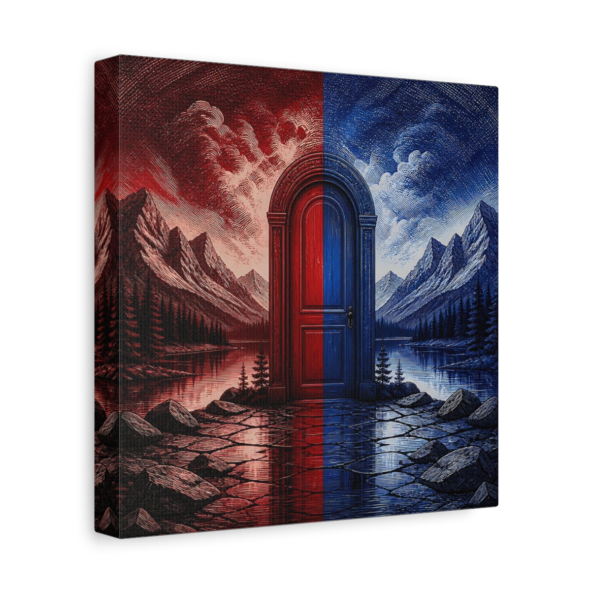 Side Mockup 9. Crimson And Cobalt Doorway shown as canvas print
