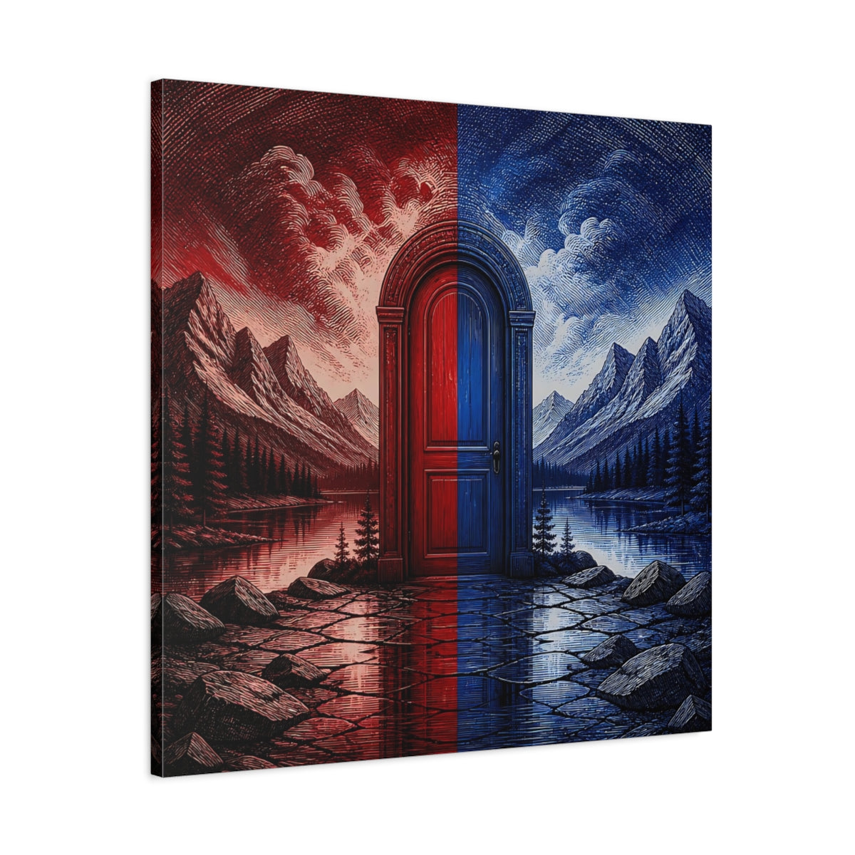 Side Mockup 3. Crimson And Cobalt Doorway shown as canvas print