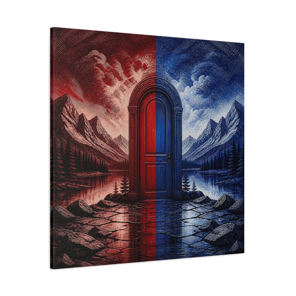 Side Mockup 1. Crimson And Cobalt Doorway shown as canvas print