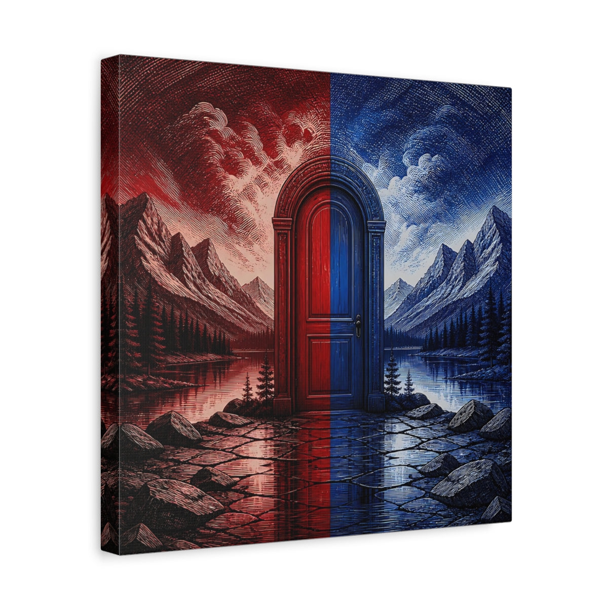 Side Mockup 7. Crimson And Cobalt Doorway shown as canvas print