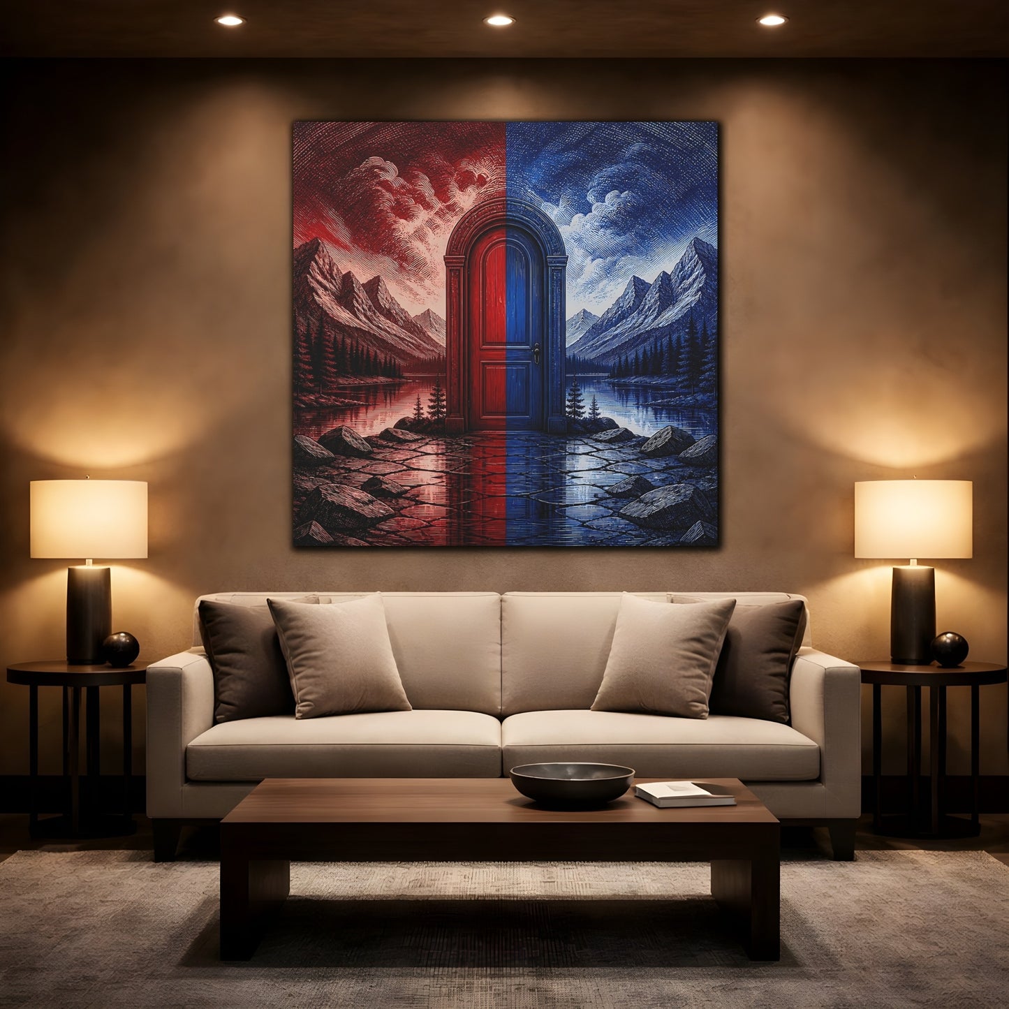 Mockup 2. Crimson And Cobalt Doorway shown as canvas print