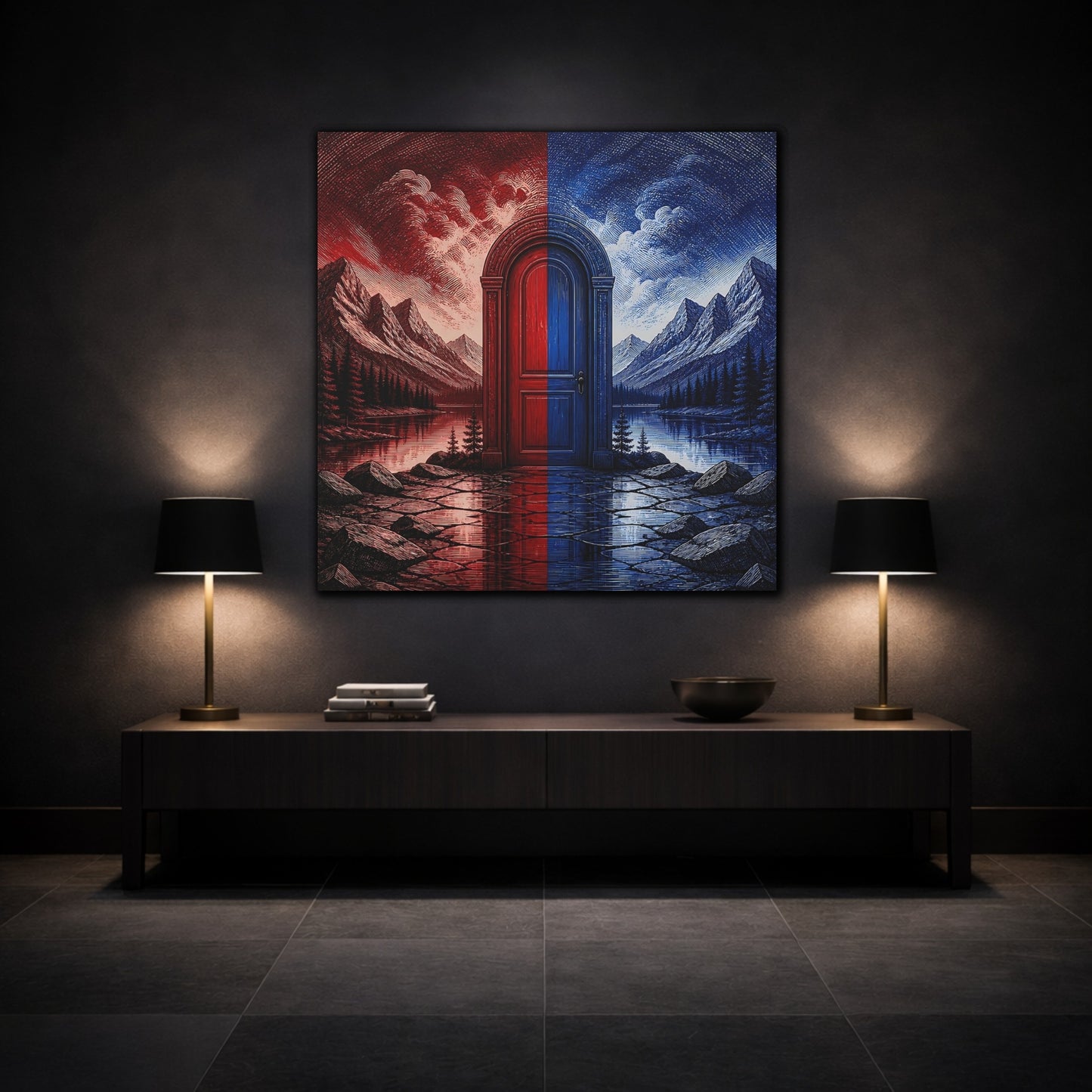 Mockup 3. Crimson And Cobalt Doorway shown as canvas print