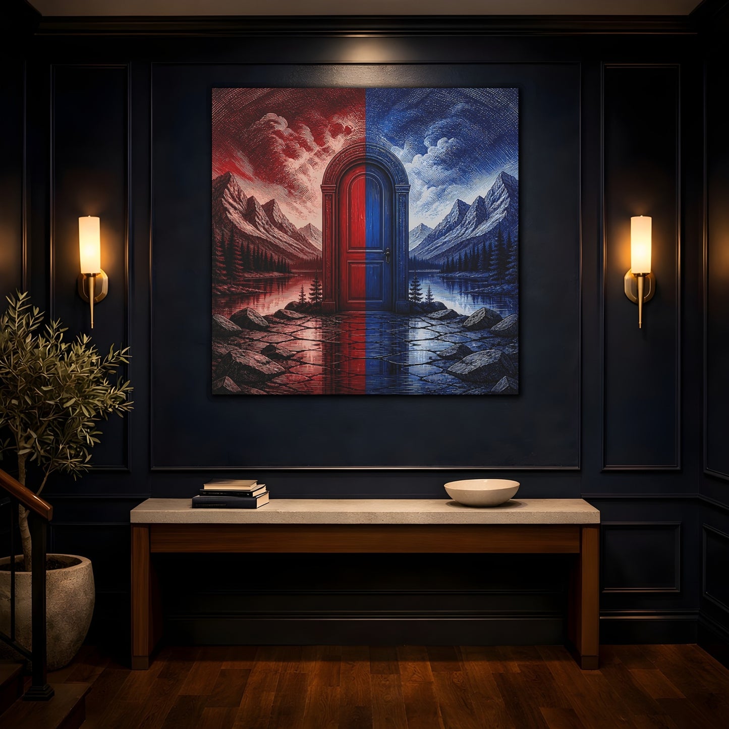 Mockup 4. Crimson And Cobalt Doorway shown as canvas print