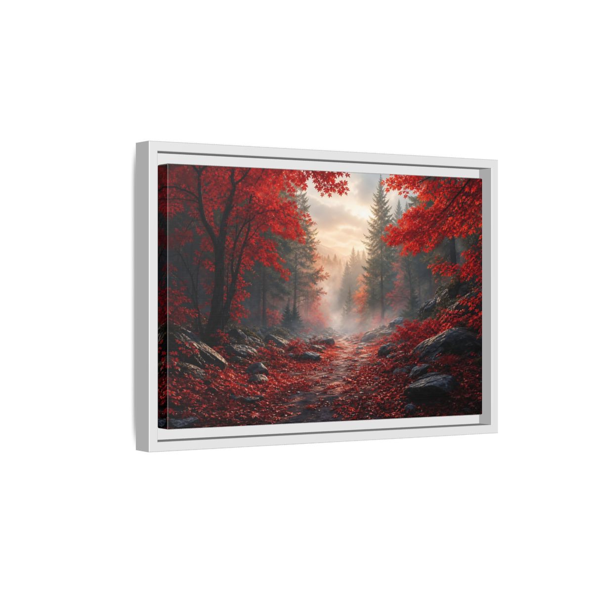 Side Mockup 4. Crimson Autumn Pathway shown as framed canvas print