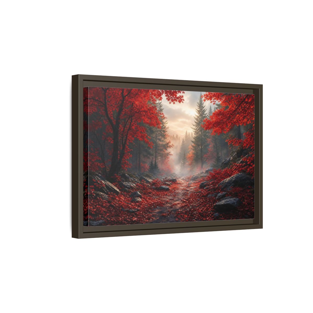 Side Mockup 5. Crimson Autumn Pathway shown as framed canvas print