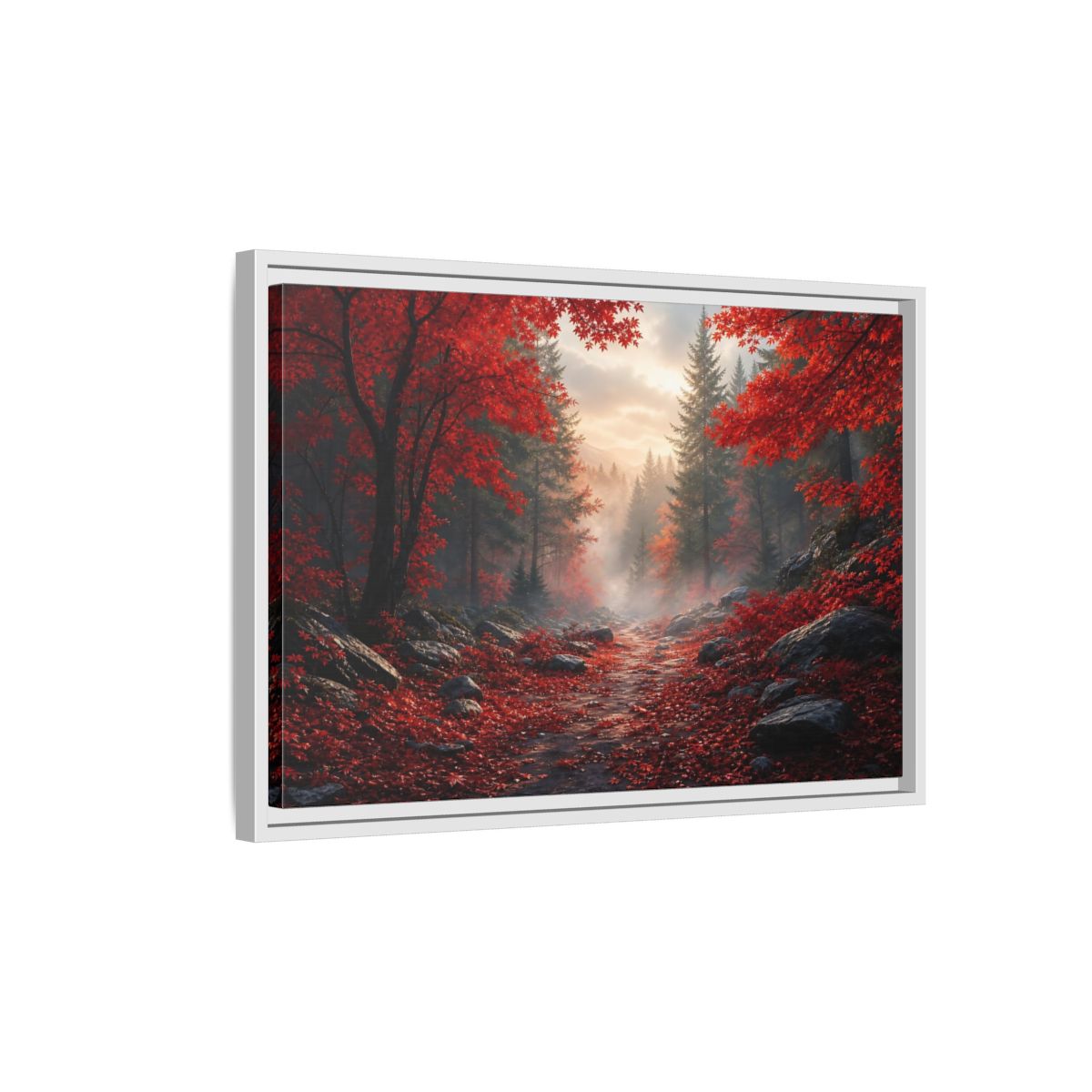Side Mockup 1. Crimson Autumn Pathway shown as framed canvas print