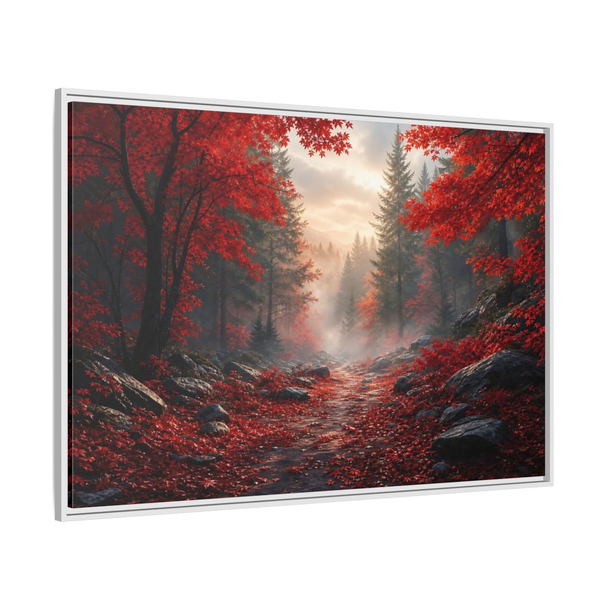Side Mockup 7. Crimson Autumn Pathway shown as framed canvas print