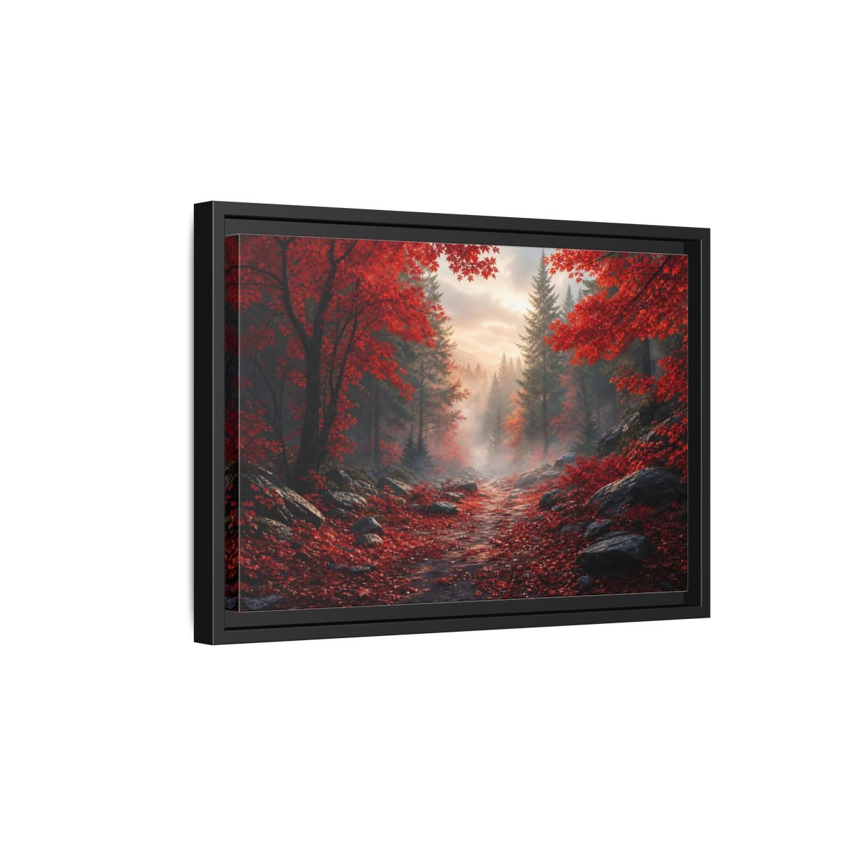 Side Mockup 6. Crimson Autumn Pathway shown as framed canvas print