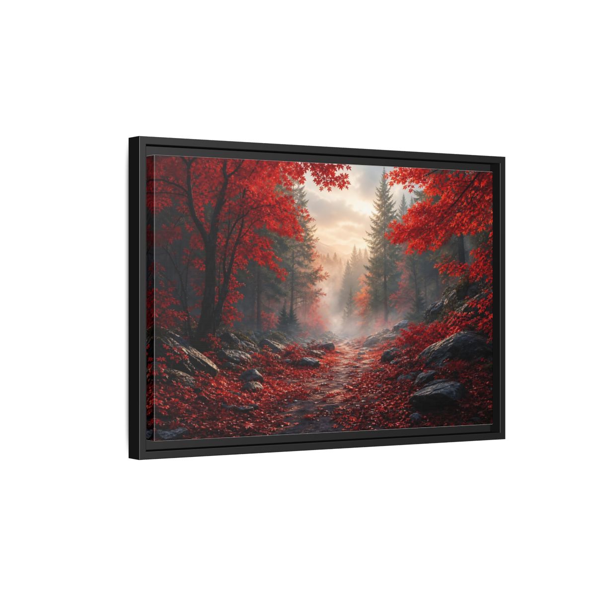 Side Mockup 3. Crimson Autumn Pathway shown as framed canvas print