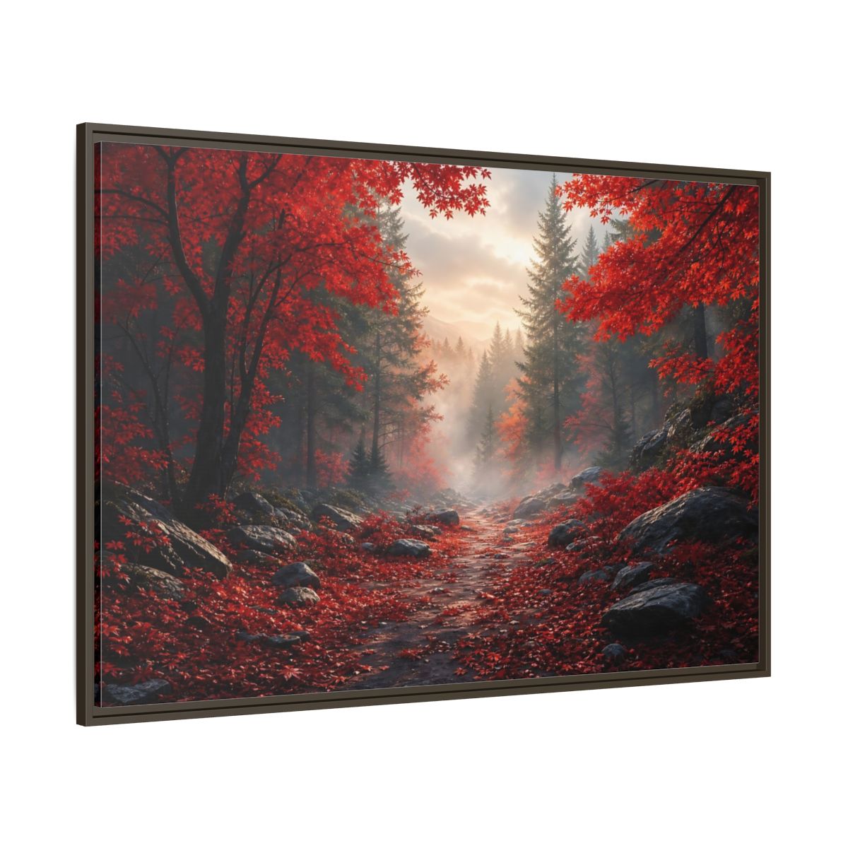 Side Mockup 8. Crimson Autumn Pathway shown as framed canvas print