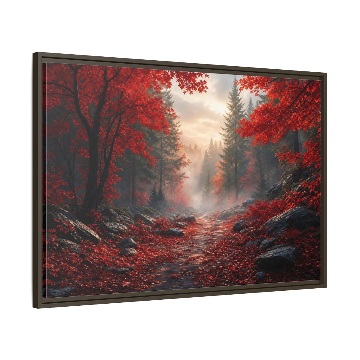Main Mockup. Crimson Autumn Pathway shown as framed canvas print