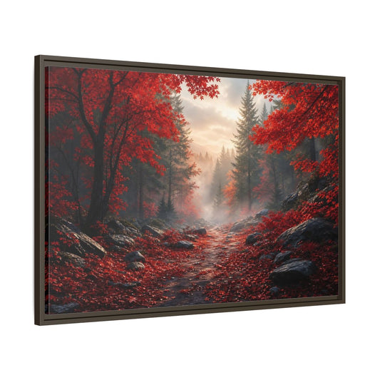 Main Mockup. Crimson Autumn Pathway shown as framed canvas print