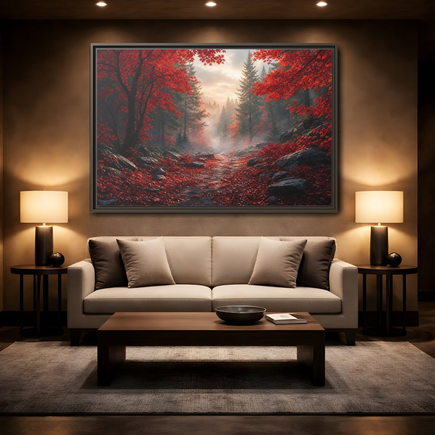 Mockup 2. Crimson Autumn Pathway shown as framed canvas print