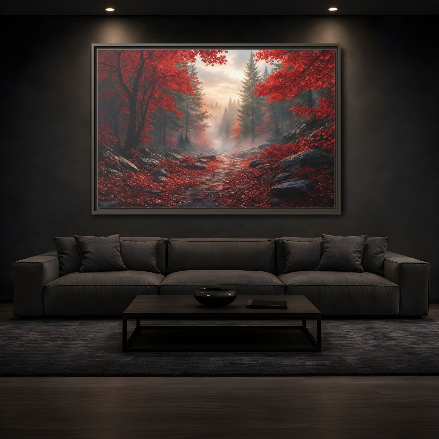 Mockup 3. Crimson Autumn Pathway shown as framed canvas print