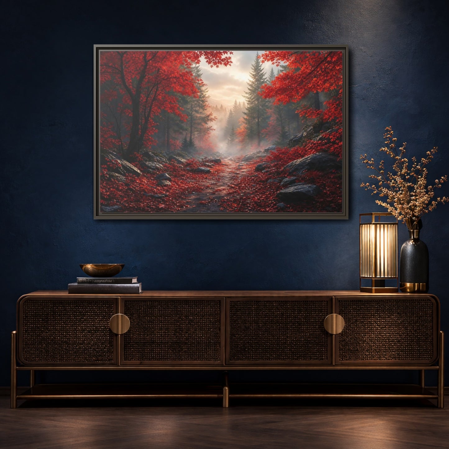 Mockup 4. Crimson Autumn Pathway shown as framed canvas print