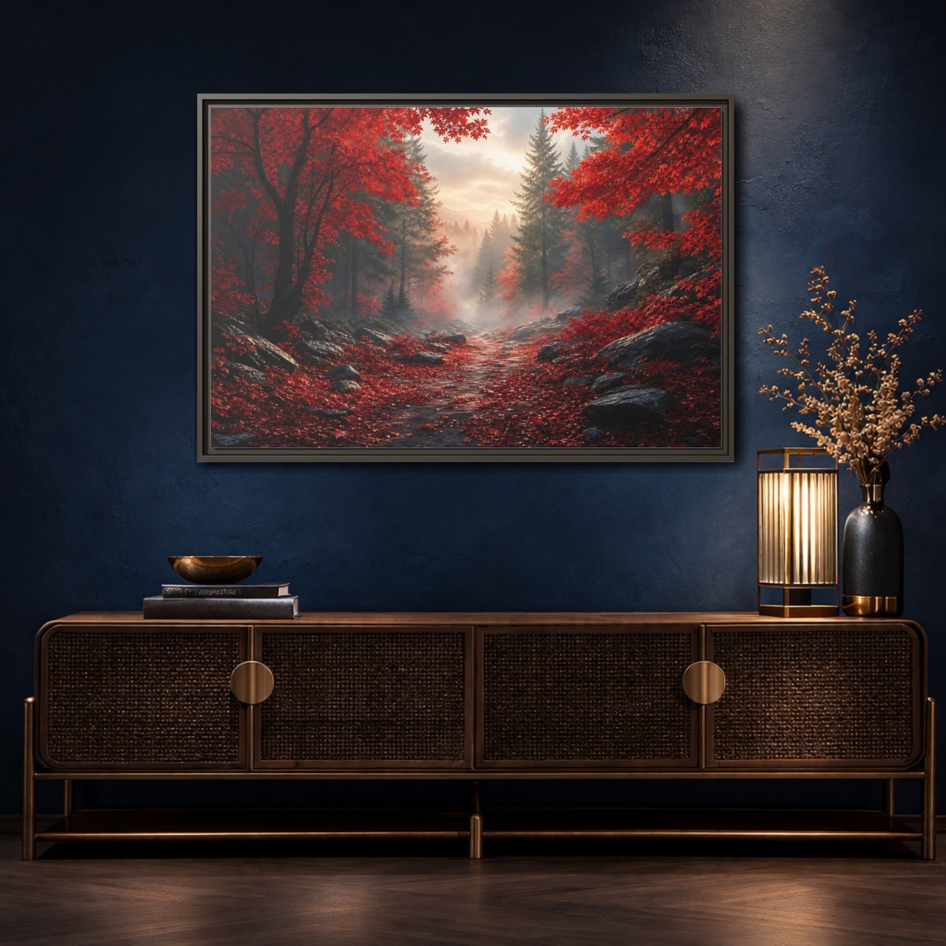 Mockup 4. Crimson Autumn Pathway shown as framed canvas print