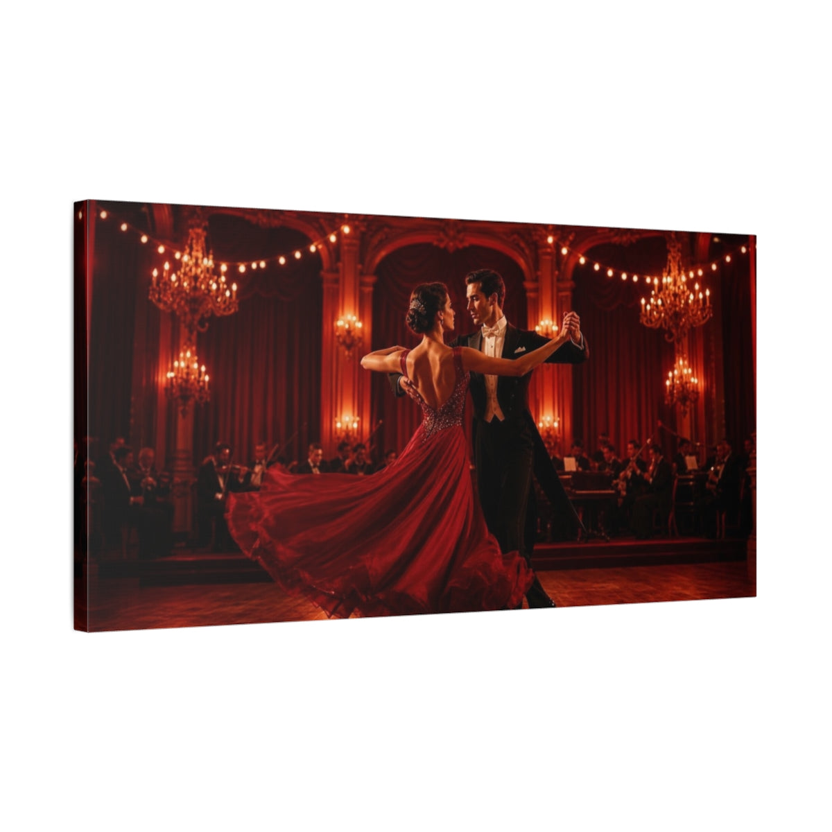 Side Mockup 1. Crimson Ballroom Waltz shown as canvas print