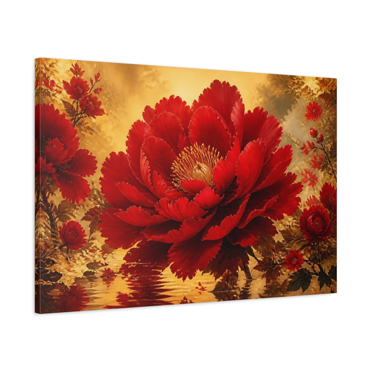 Main Mockup. Crimson Bloom In Gold shown as canvas print