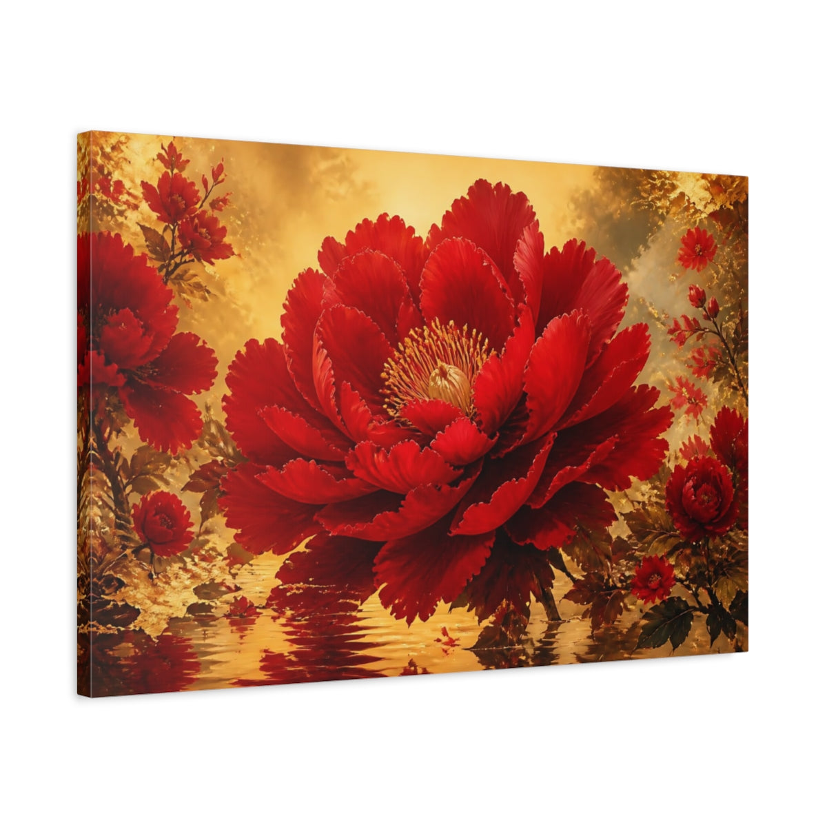 Side Mockup 2. Crimson Bloom In Gold shown as canvas print