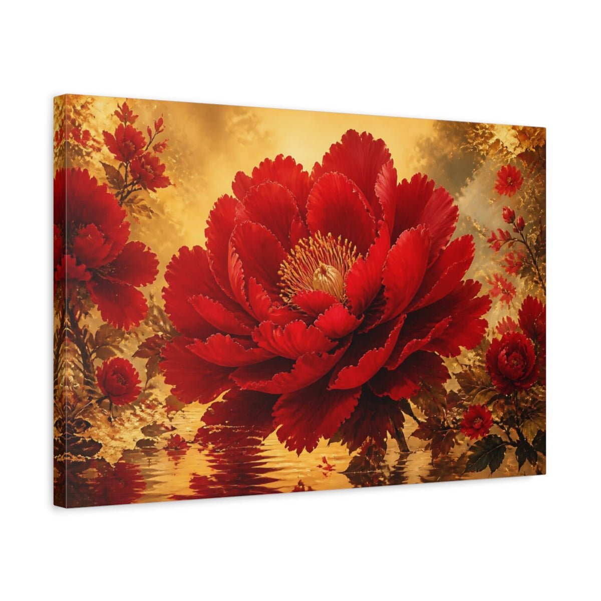 Side Mockup 3. Crimson Bloom In Gold shown as canvas print