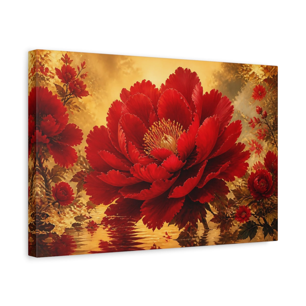 Side Mockup 4. Crimson Bloom In Gold shown as canvas print