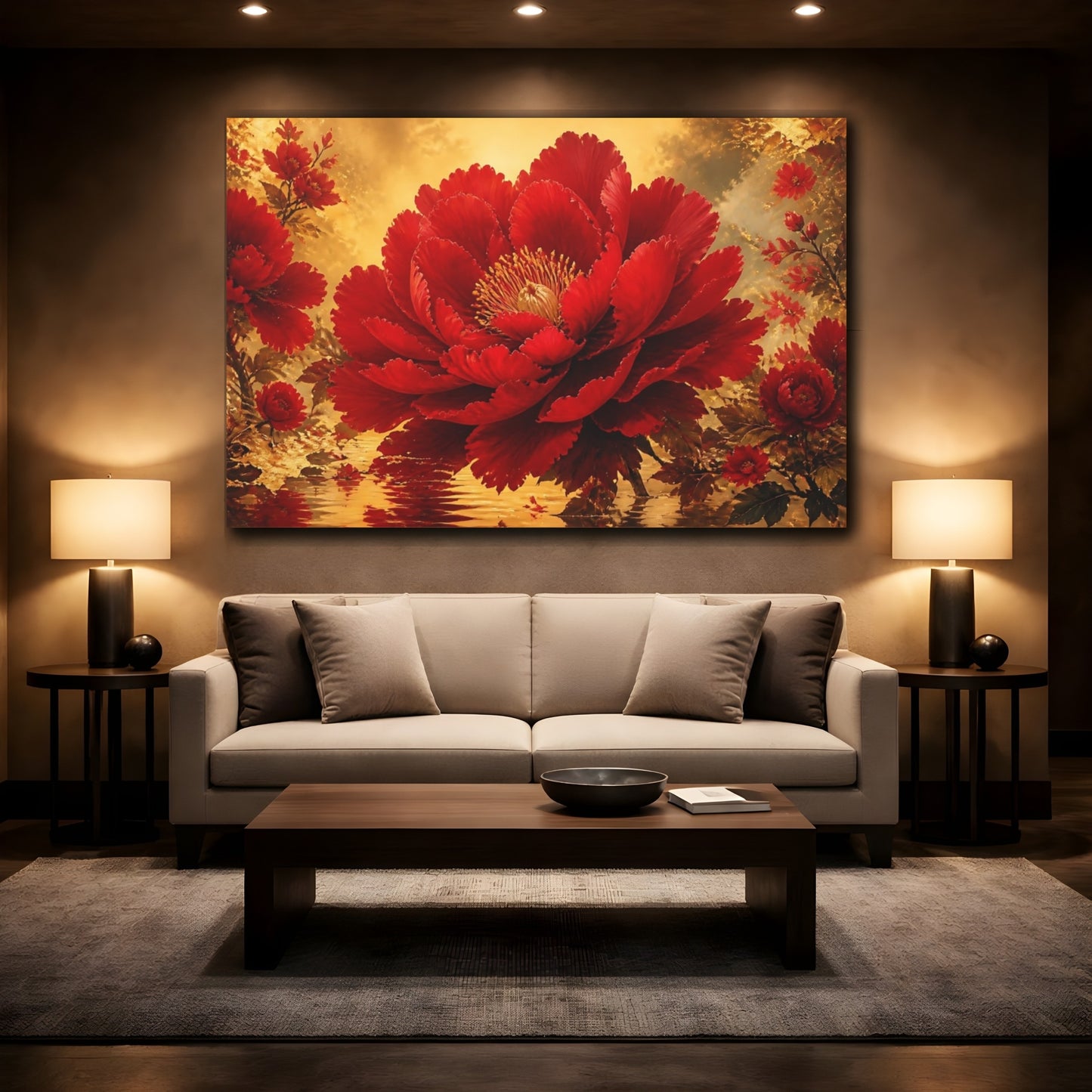 Mockup 2. Crimson Bloom In Gold shown as canvas print