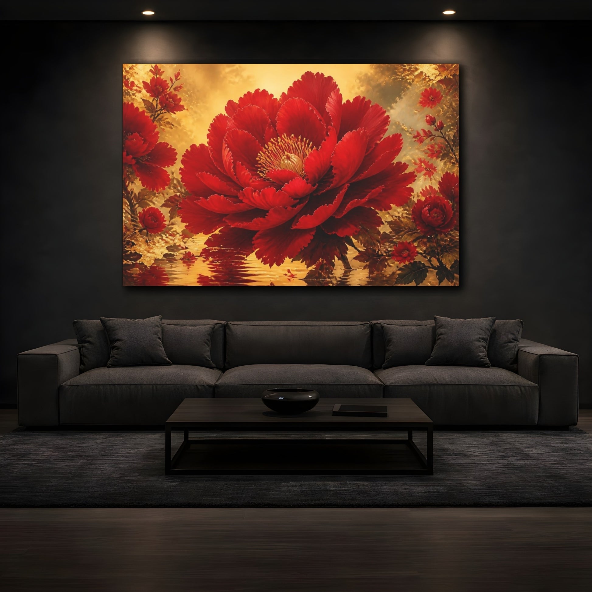 Mockup 3. Crimson Bloom In Gold shown as canvas print