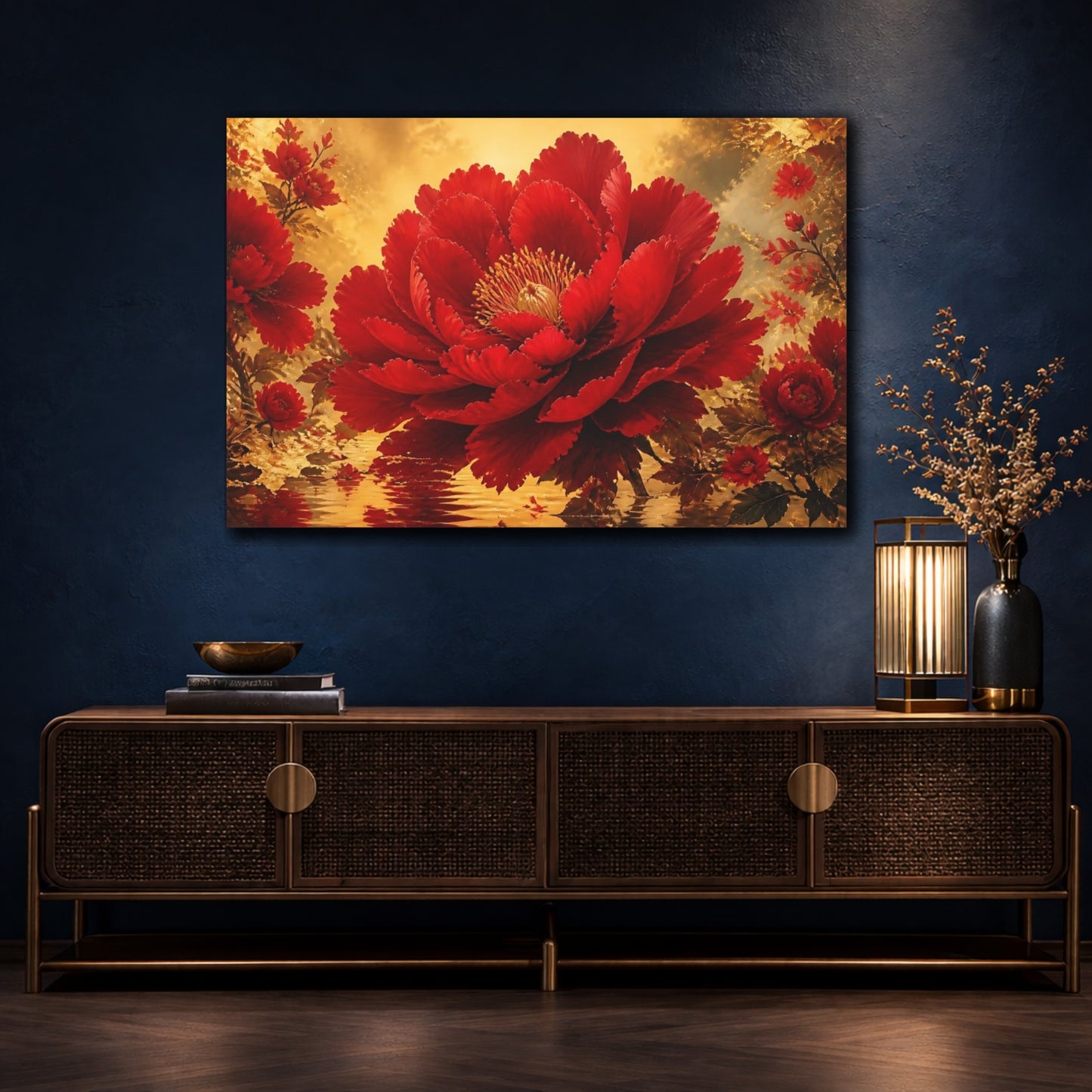 Mockup 4. Crimson Bloom In Gold shown as canvas print