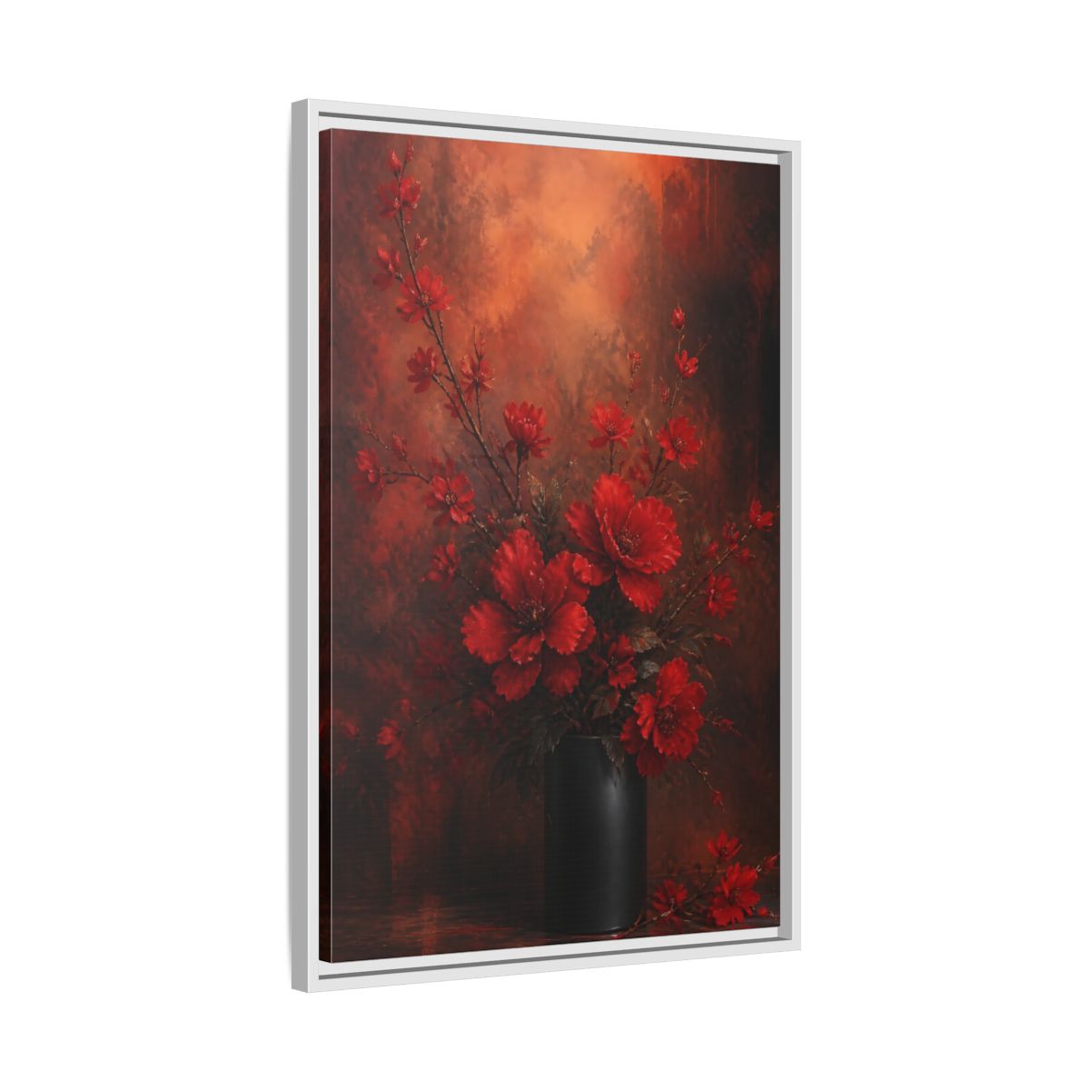 Side Mockup 10. Crimson Blossom Bouquet shown as framed canvas print