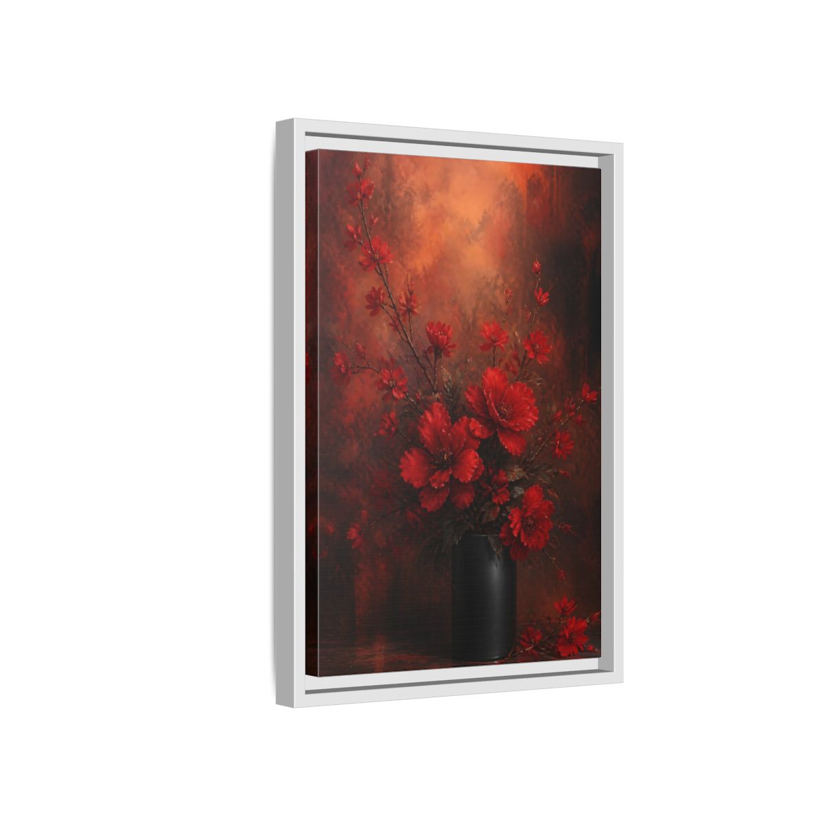 Side Mockup 4. Crimson Blossom Bouquet shown as framed canvas print