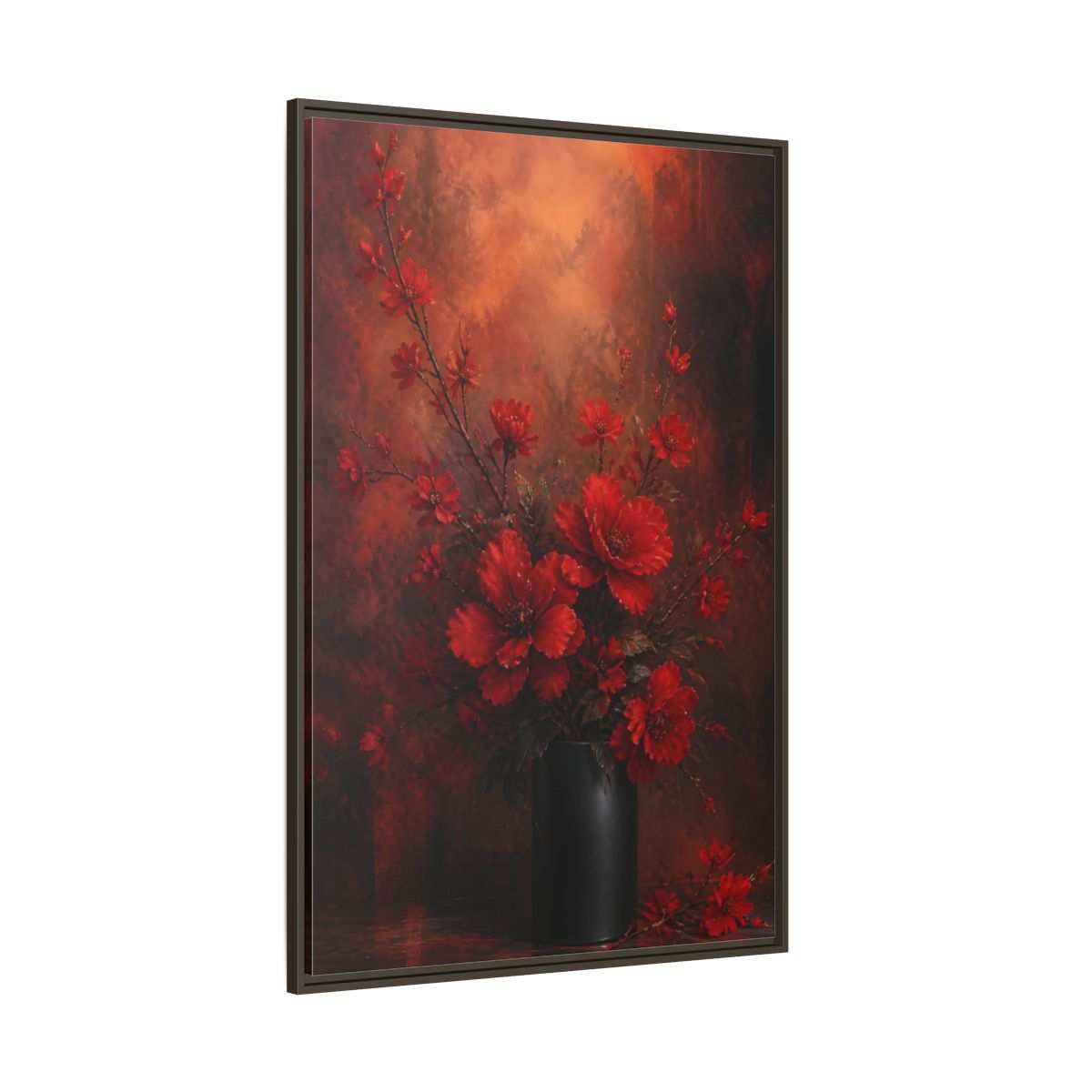 Side Mockup 8. Crimson Blossom Bouquet shown as framed canvas print