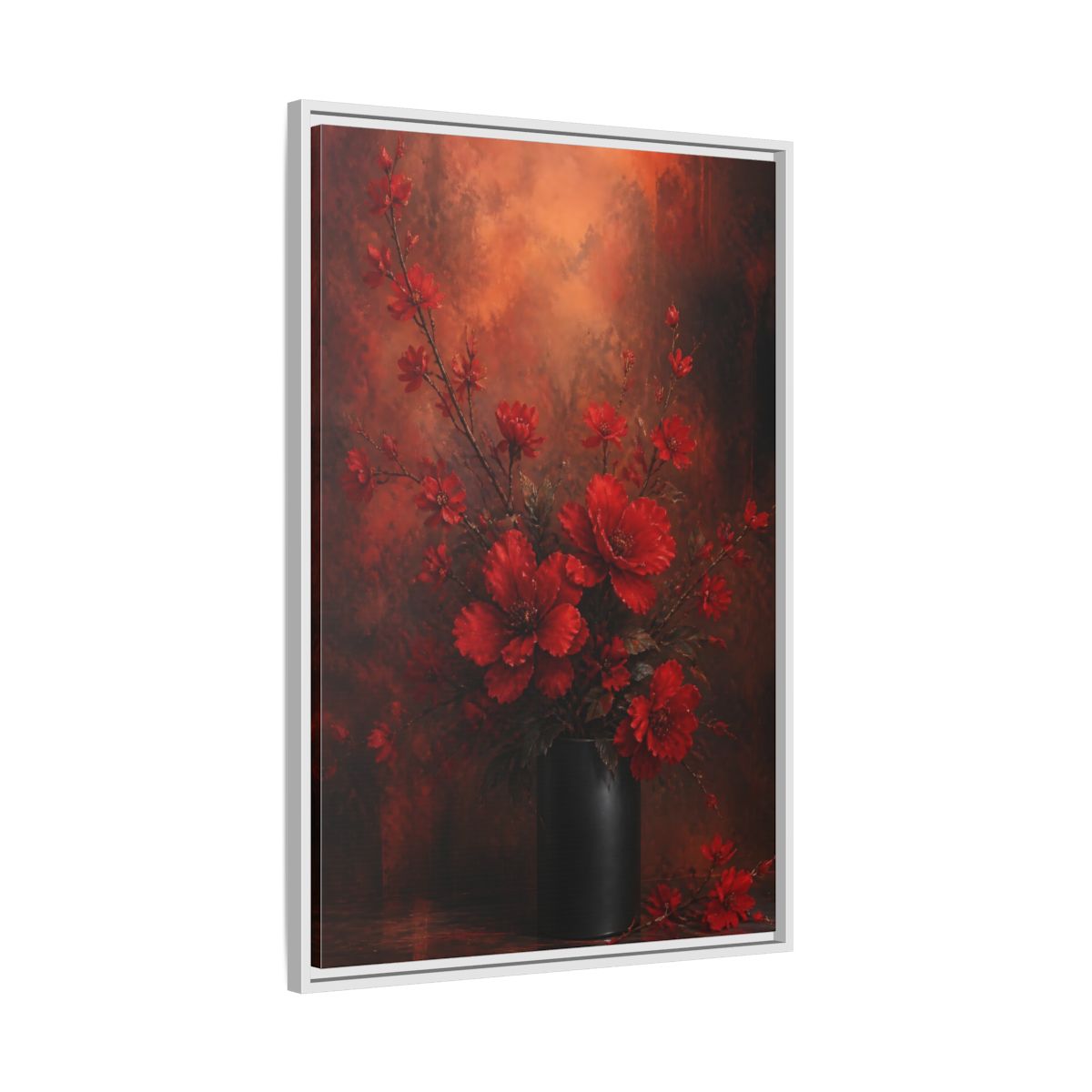 Side Mockup 9. Crimson Blossom Bouquet shown as framed canvas print