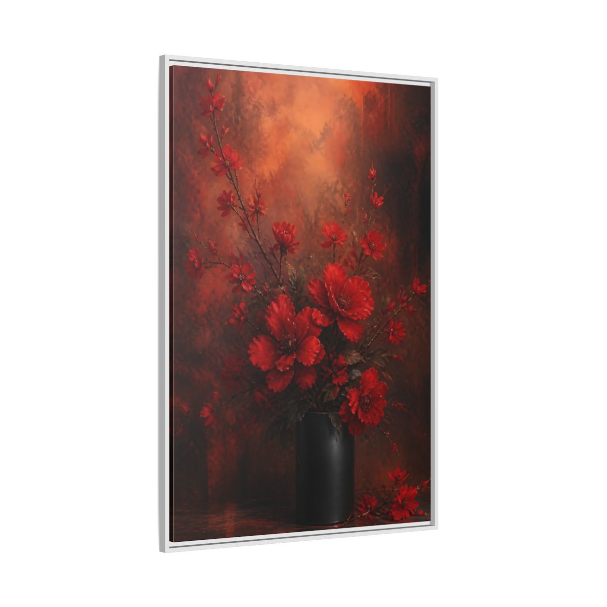 Side Mockup 7. Crimson Blossom Bouquet shown as framed canvas print