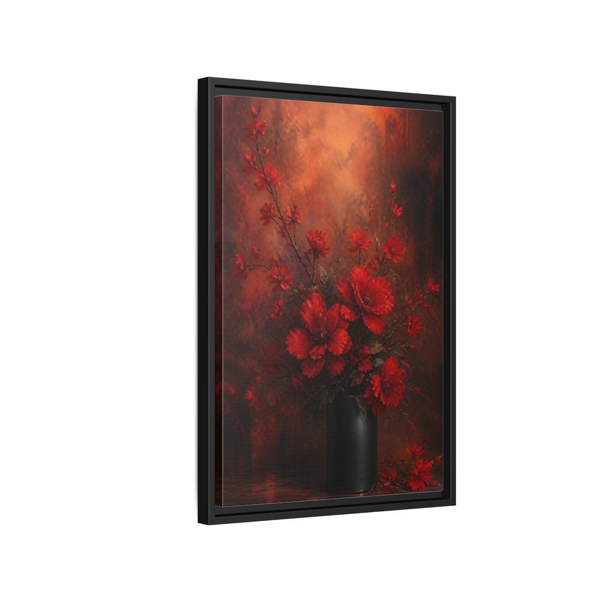 Side Mockup 3. Crimson Blossom Bouquet shown as framed canvas print