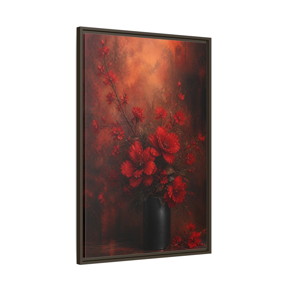 Main Mockup. Crimson Blossom Bouquet shown as framed canvas print