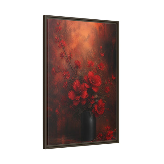 Main Mockup. Crimson Blossom Bouquet shown as framed canvas print