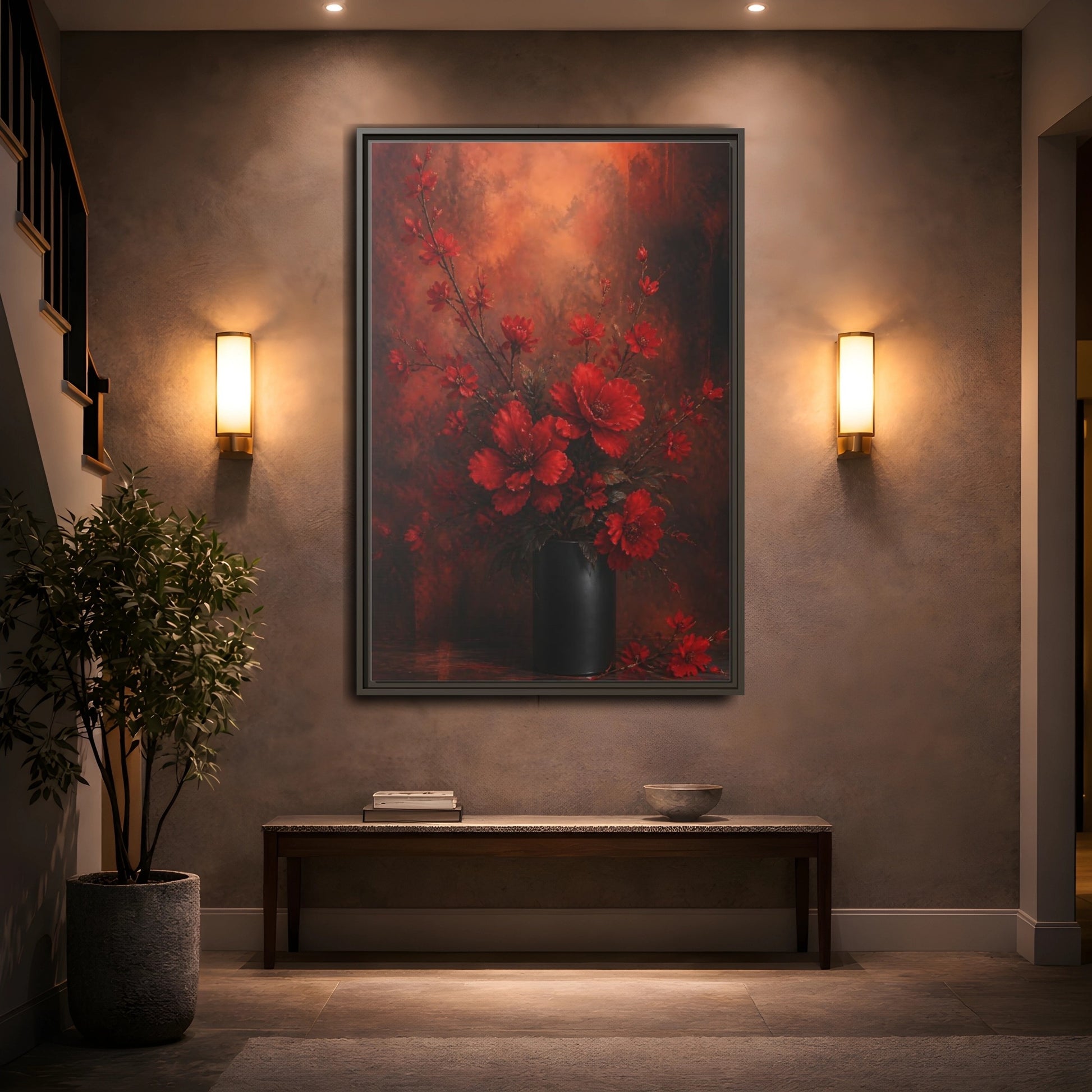Mockup 2. Crimson Blossom Bouquet shown as framed canvas print
