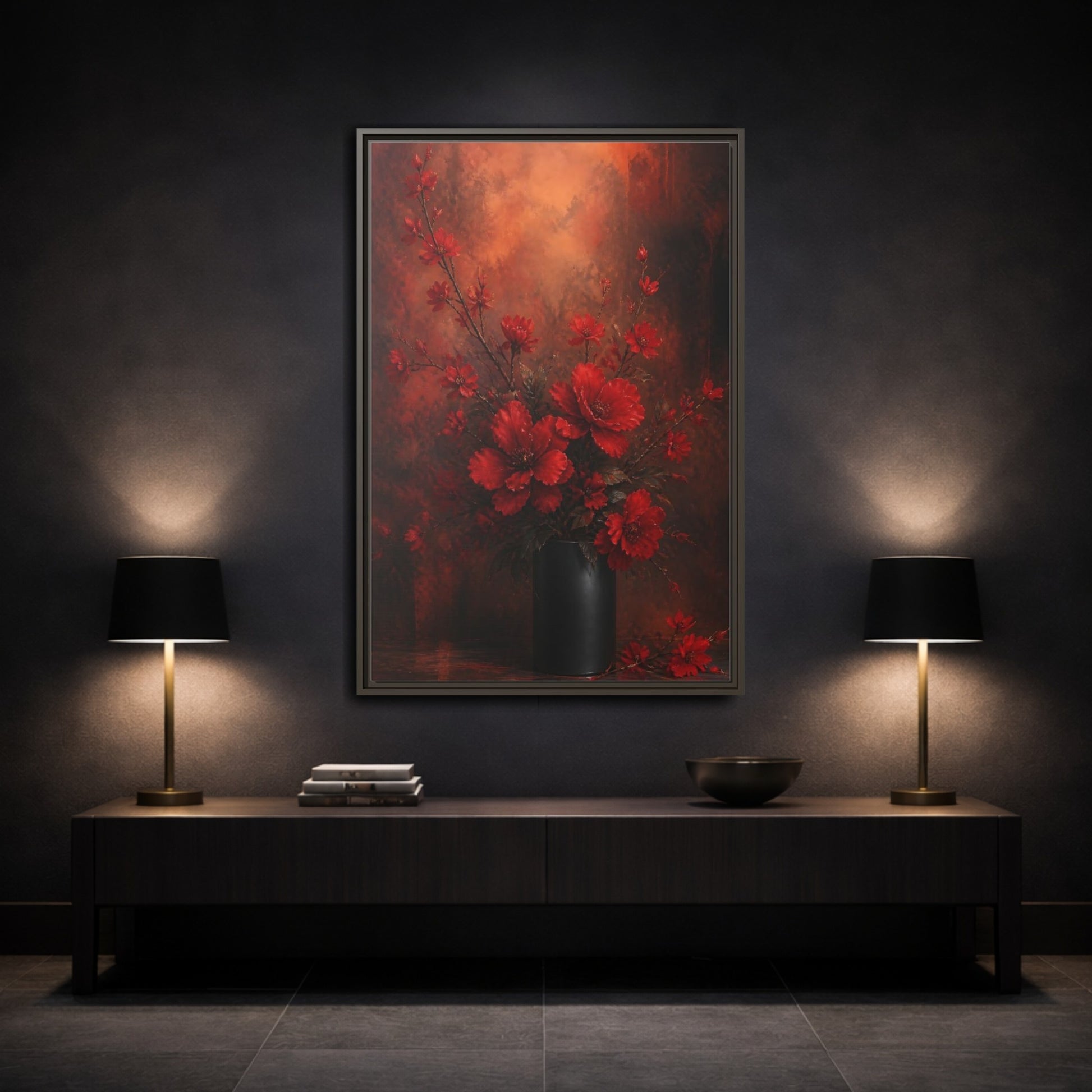 Mockup 3. Crimson Blossom Bouquet shown as framed canvas print