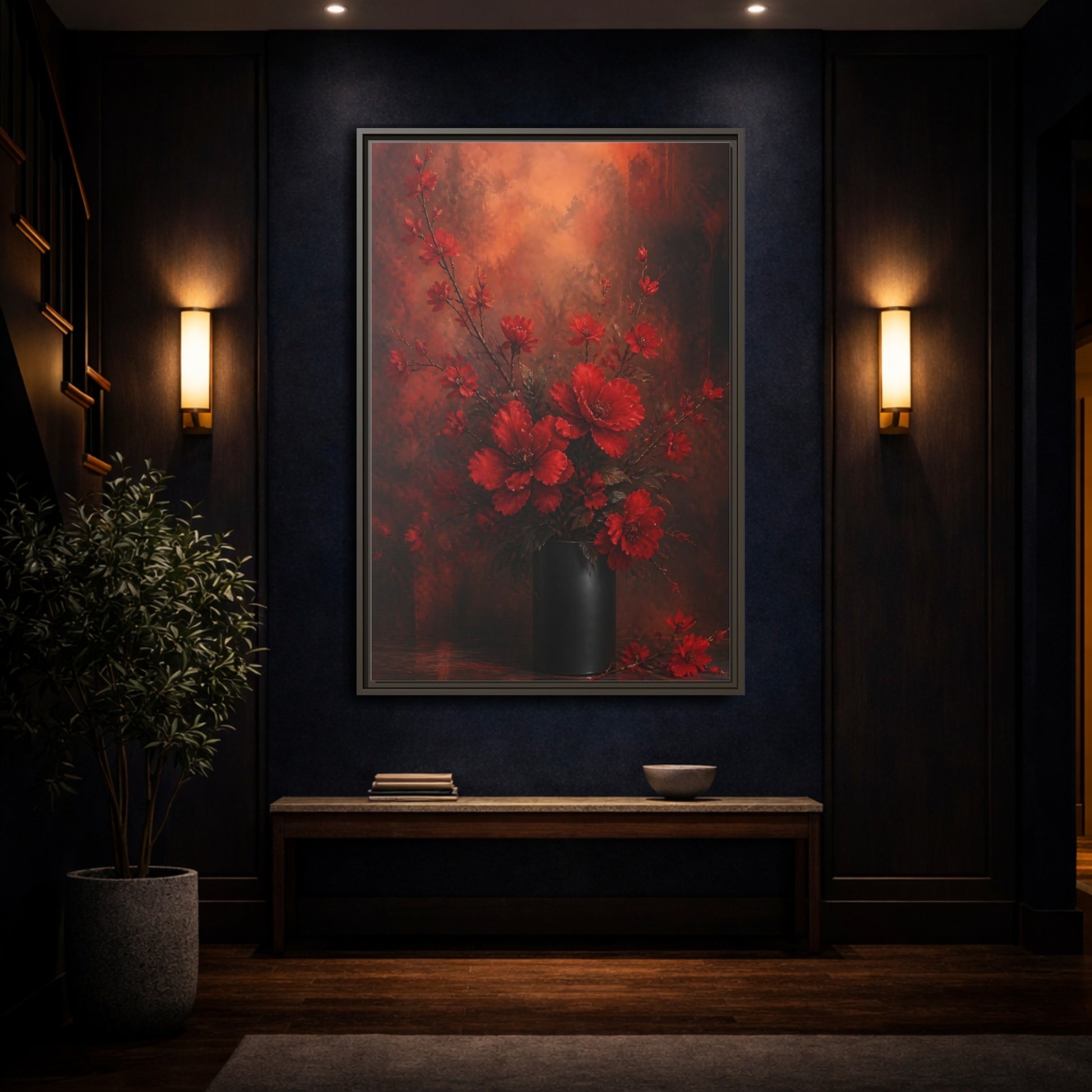 Mockup 4. Crimson Blossom Bouquet shown as framed canvas print
