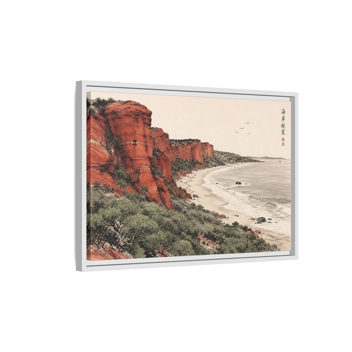 Side Mockup 1. Crimson Coastal Cliffs shown as framed canvas print