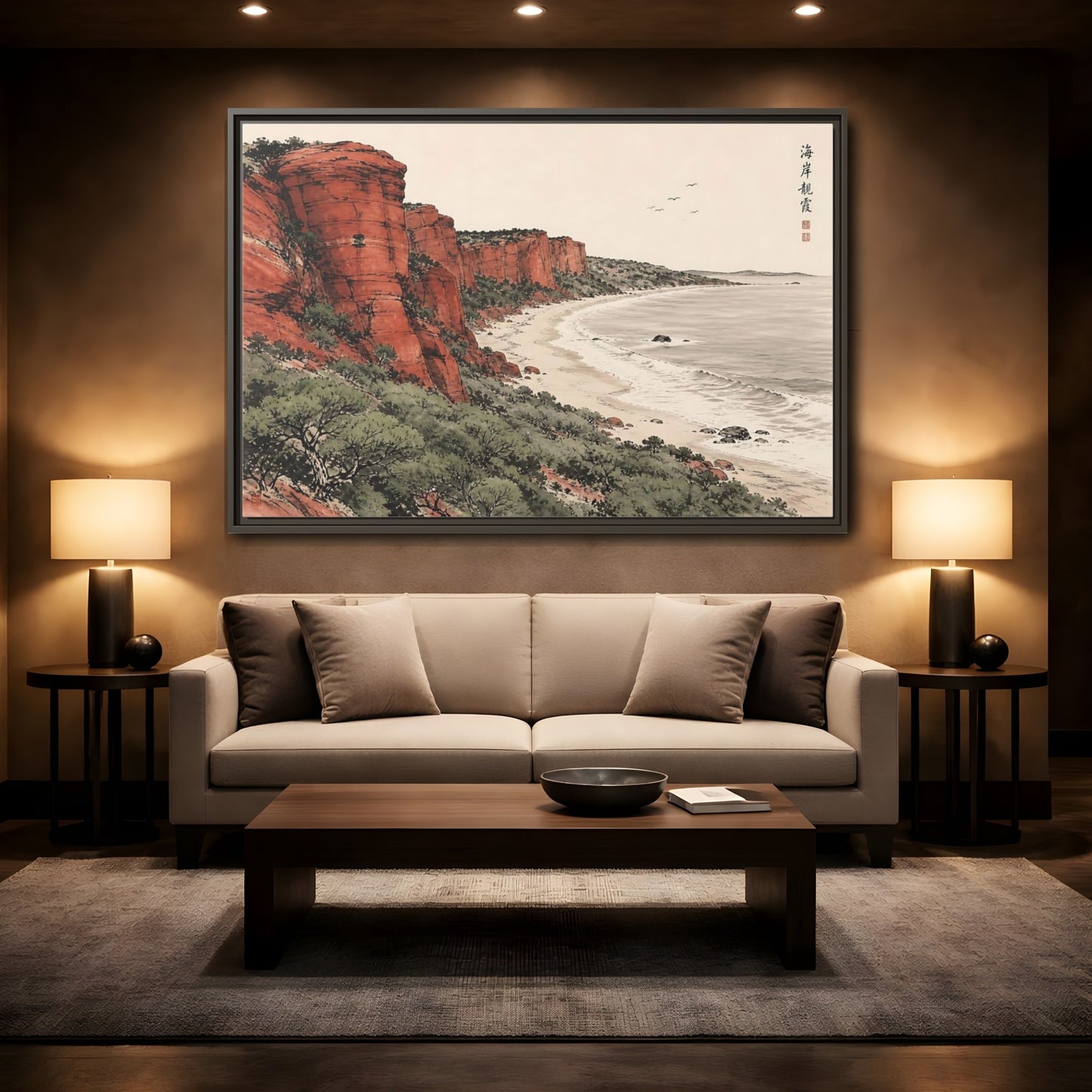 Mockup 2. Crimson Coastal Cliffs shown as framed canvas print