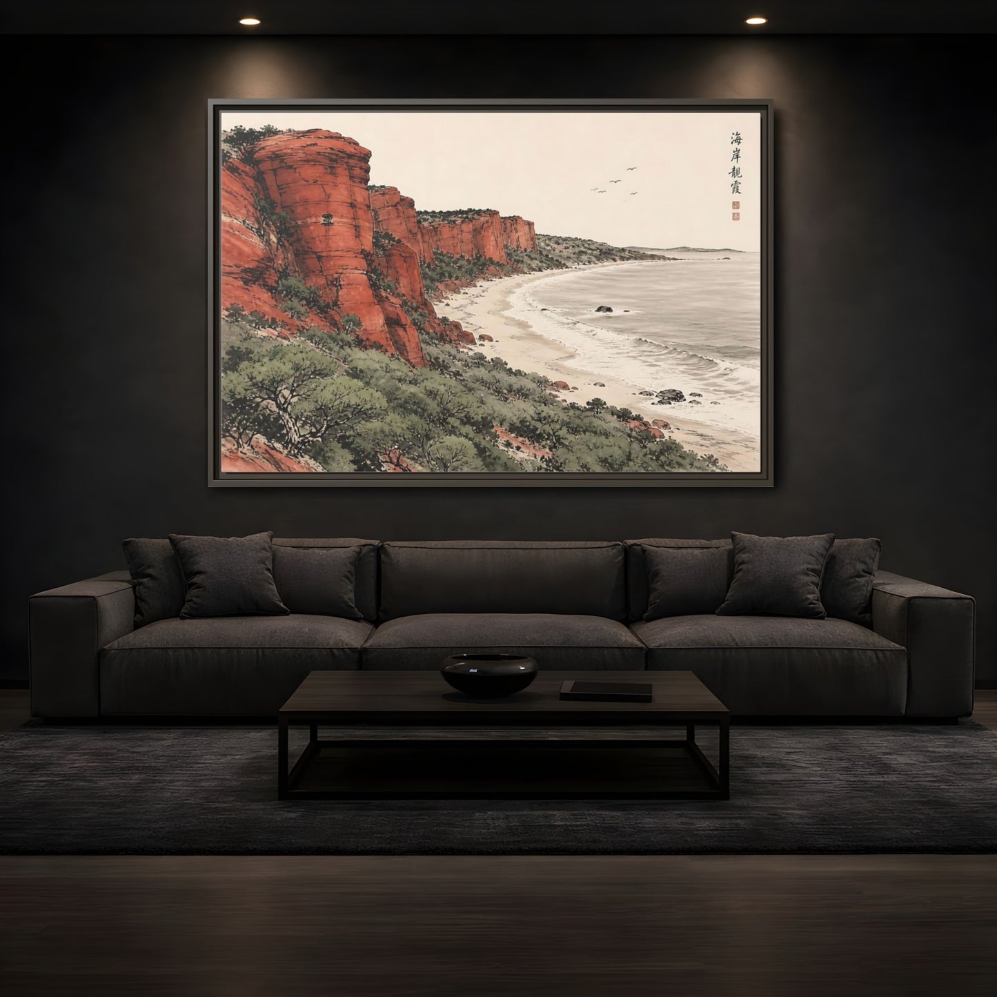 Mockup 3. Crimson Coastal Cliffs shown as framed canvas print