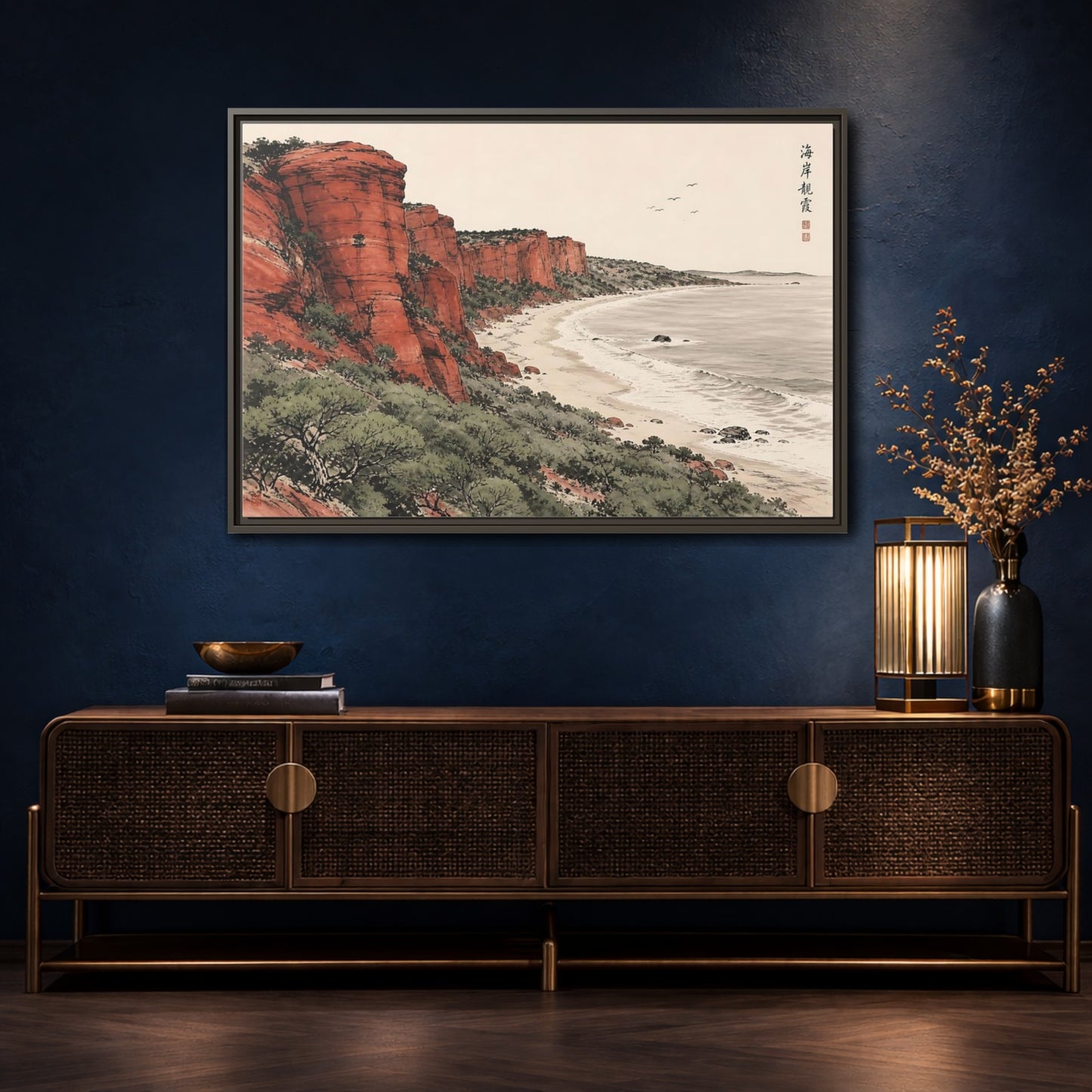 Mockup 4. Crimson Coastal Cliffs shown as framed canvas print
