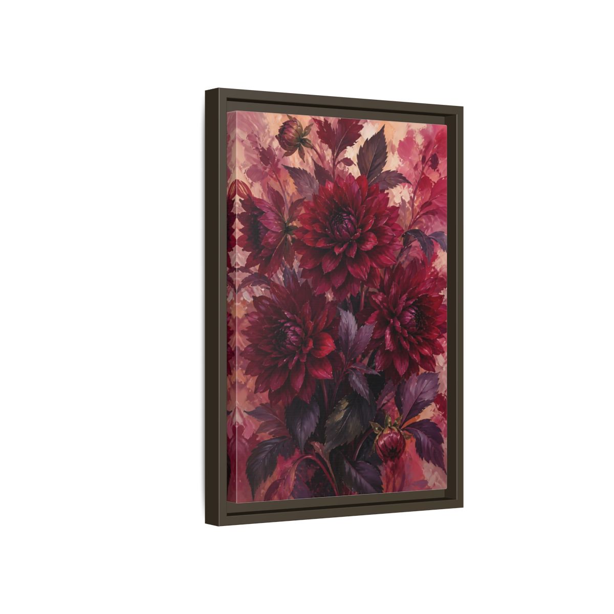 Side Mockup 5. Crimson Dahlia Bouquet shown as framed canvas print