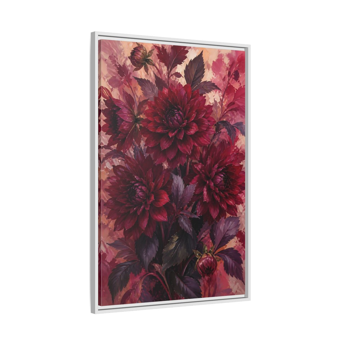Side Mockup 9. Crimson Dahlia Bouquet shown as framed canvas print