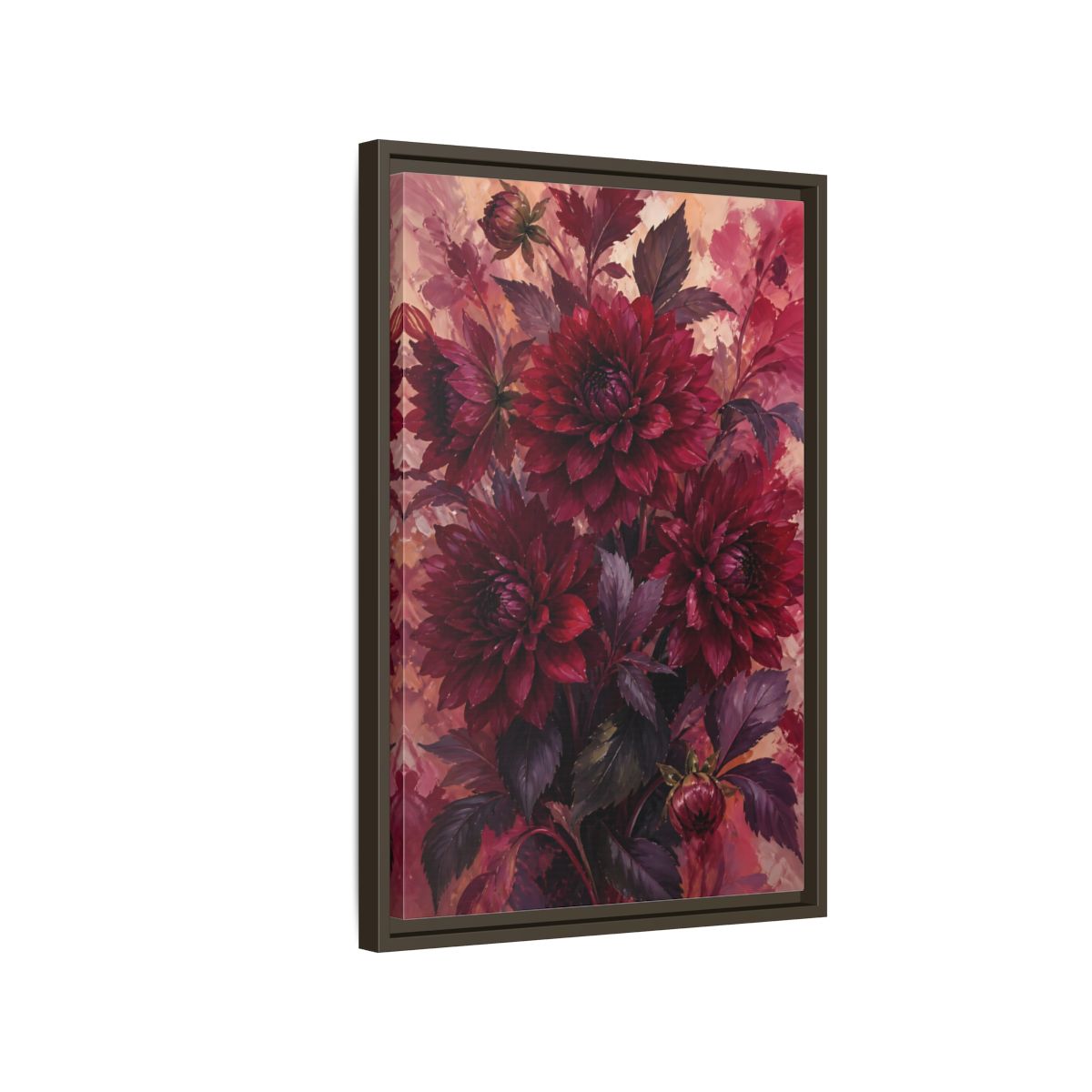 Side Mockup 2. Crimson Dahlia Bouquet shown as framed canvas print