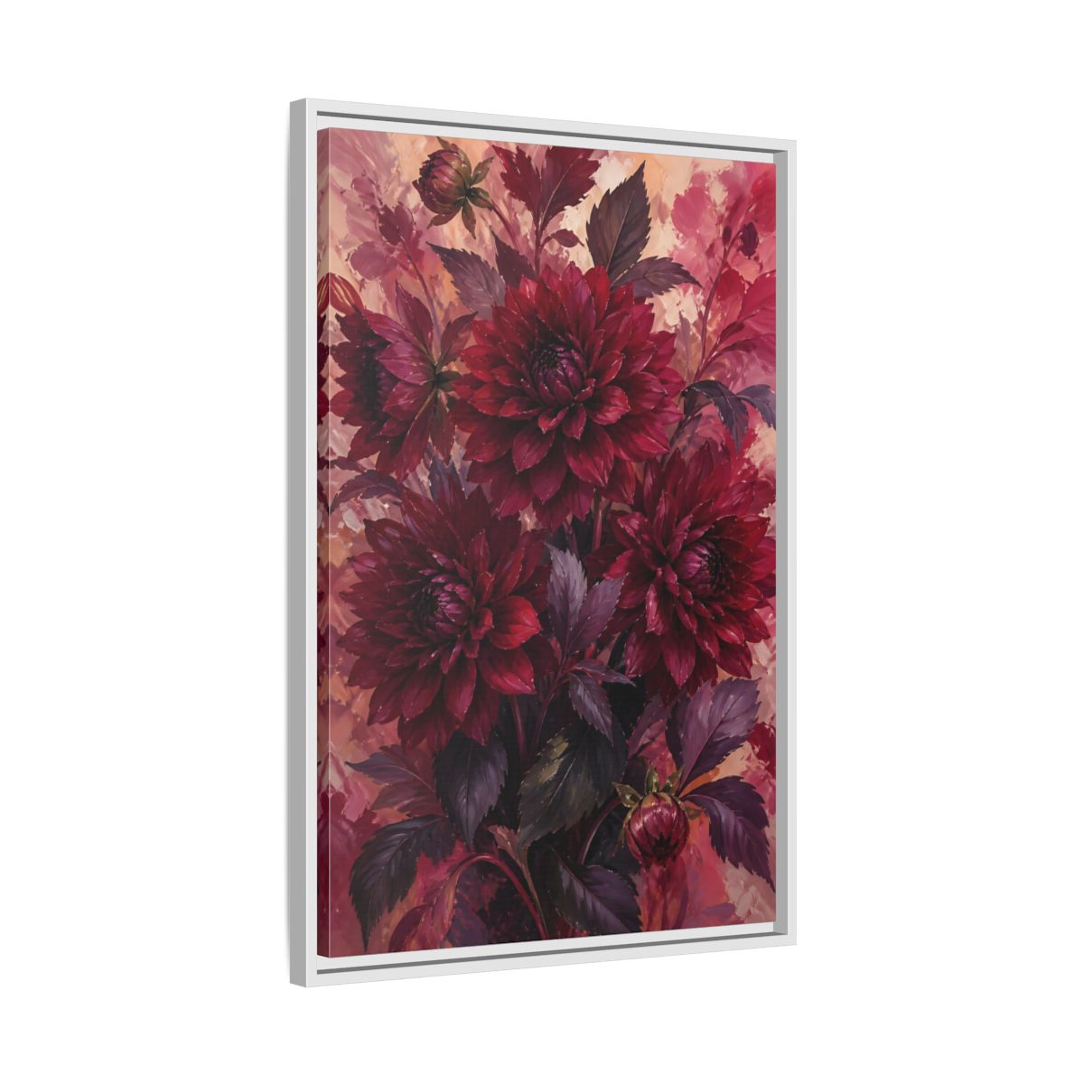 Side Mockup 10. Crimson Dahlia Bouquet shown as framed canvas print