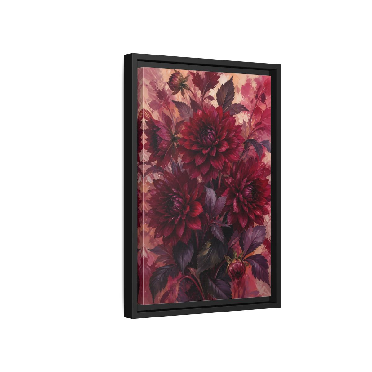 Side Mockup 6. Crimson Dahlia Bouquet shown as framed canvas print