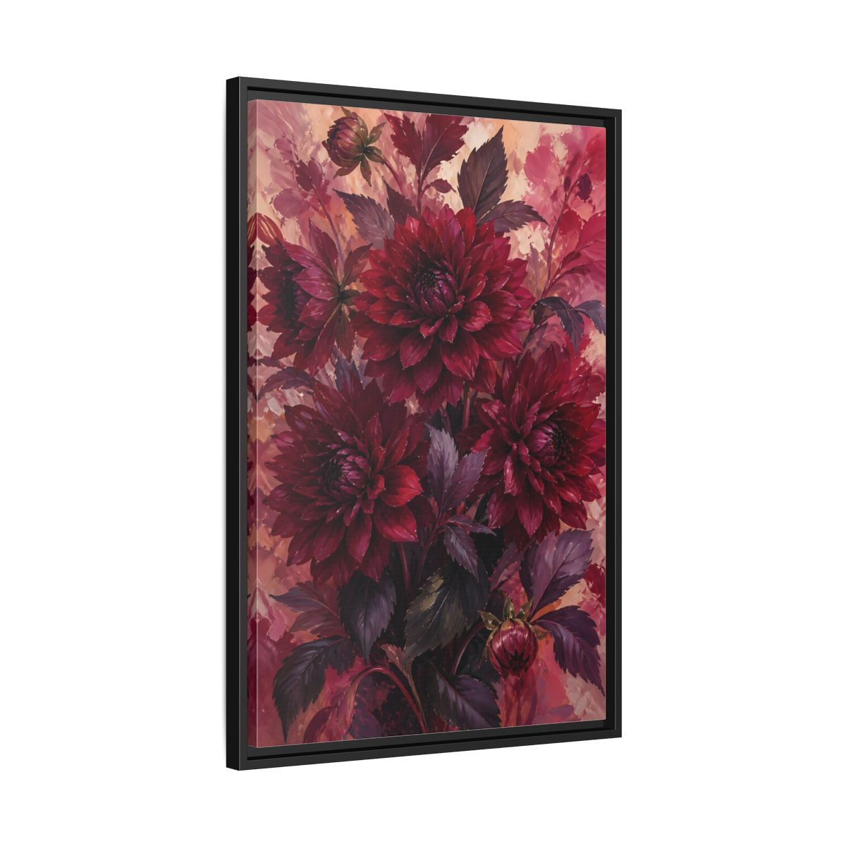 Side Mockup 14. Crimson Dahlia Bouquet shown as framed canvas print